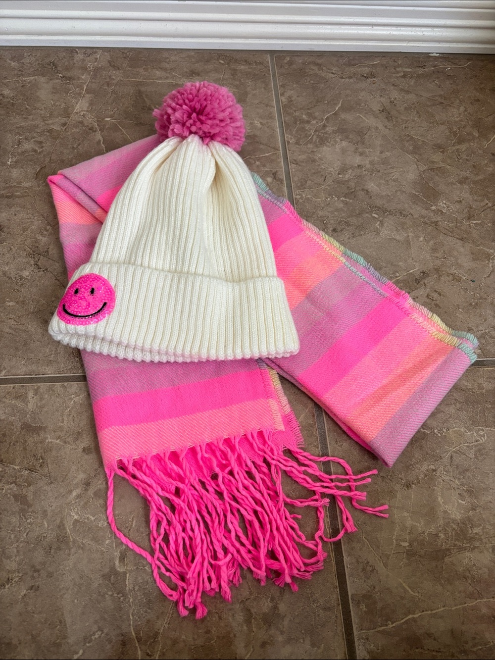 White Pom Beanie with Pink Smiley Patch and Pink Ombre Scarf